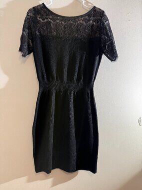 LOFT Black Merino Wool Blend Knit & Lace Cocktail Sweater Dress | Size S